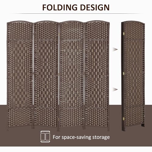 HOMCOM 4 Panel Room Divider 6 Ft Privacy Screen Hand-Woven Brown | Folding PP Wall Partition, Pine Wood Frame, Freestanding Room Separator, Bedroom Home Office, No Assembly - color: Brown, size: 4 Panel