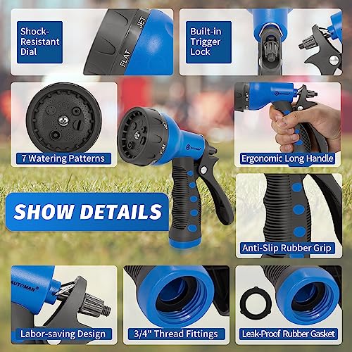 AUTOMAN-Garden-Hose-Nozzle,ABS Water Spray Nozzle with Heavy Duty 7 Adjustable Watering Patterns,Slip Resistant for Watering Plants,Lawn& Garden,Washing Cars,Cleaning,Showering Pets - Blue - color: Blue
