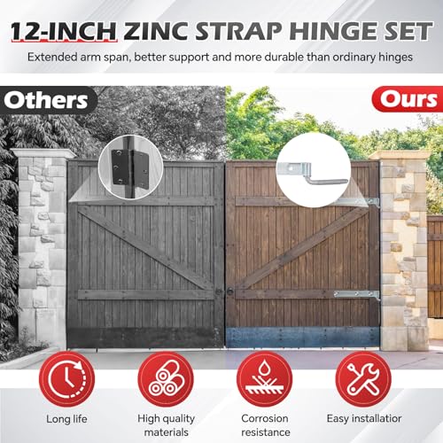 4 Packs 12'' Zinc Strap Hinge for Gates, Heavy Duty Gate Strap Hinge Zinc Plated with L-Screw (M16 × 101mm) for Barns Tool Sheds and Other Swing Doors, Galvanized(4) - style: L-shape-4pcs