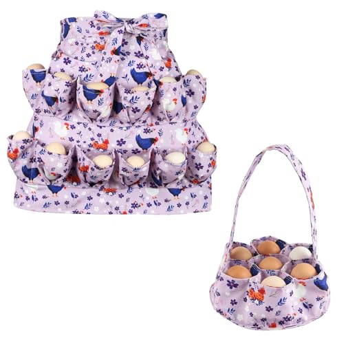 Egg Collecting Apron and Basket Set (2 Pack), Chicken Egg Collector with 12 Deep Pockets and 7 Pockets Basket for Hands-Free Harvesting, Farm Fresh Eggs, Backyard Chickens, Durable Poultry Accessories