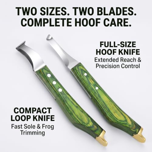 Premium Loop & Hoof Knife Set with Brass End, 9 Inch | Razor sharp stainless steel blades, ergonomic non-slip grip, hoof trimming for horses, cows, goats, sheep & livestock (Green) - color: Multi