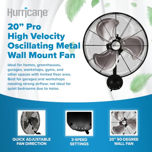 Hurricane Pro High Velocity Oscillating Wall Fan, 3 Speeds, Black, 20in | Metal - Wall Mount Corded Electric Air Cooling Unit w/ Powerful 4500 CFM Airflow for Home, Garage, Gym, Workshop & Greenhouse - style: 20" Pro Series