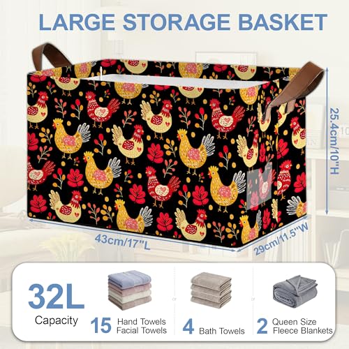 Cute Roosters Storage Basket,Leaf Collapsible Storage Bin Cubes for Living Room Bedroom Blankets Home Storage 17x11.5x10Inch - color: Cute Roosters Leaf