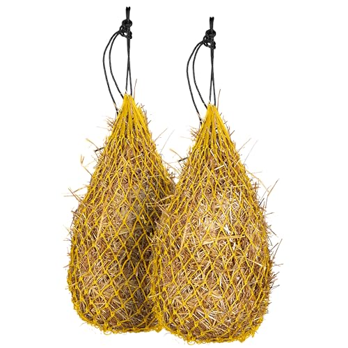 Majestic Ally 2 pcs Slow Feed 42” Hay Net for Horses, Strong Small 2x2” Holes, Nylon Rope Hanging, Adjustable Travel Feeder for Trailer and Stall, Simulates Grazing, Reduce Waste - color: Yellow