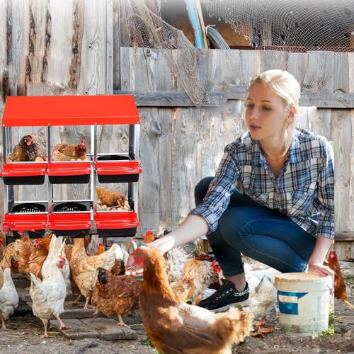 Chicken Nesting Boxes, 6 Holes Metal Chicken Egg Laying Box with Swing Perch and Rollout Egg Collection,for Various Chicken Breeds with Stand - Red 0.6mm - color: Red 0.6mm-6 Holes, size: With Stand