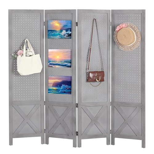 Wnutrees 4 Panel Pegboard Display,5 Ft Folding Privacy Screen Room Divider | Wood Portable Freestanding Board Organizer, Partition for Craft/Art Shows, Retail, Events, Wall Display, Grey - color: Grey