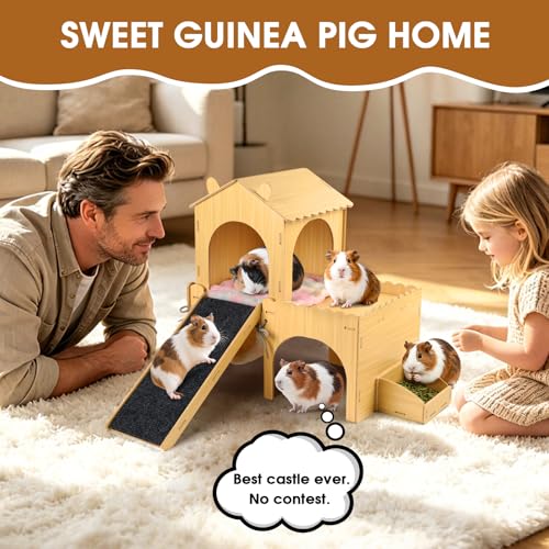 Large Wooden Guinea Pig Hideout, Deluxe 2-Tier Castle with Detachable Snack Feeder, Hammock, Ramp & Accessories - Movable Habitat, Easy Assembly & Clean, Comfort for Rabbits, Hamsters, Guinea Pigs