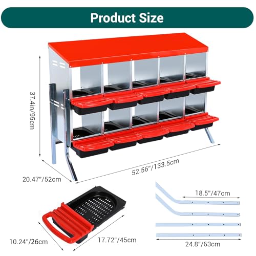 Chicken Nesting Box, 10-Hole Wall Mount Metal Chicken Nesting Box with Rollout Egg Collection & Easy-Clean Pull Out Tray, Roll Away Hen Roosting Boxes