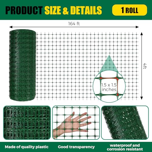 Preboun 4 x 164 ft Plastic Mesh Fence Plastic Safety Fence Roll Reusable Animal Construction Barrier Netting Temporary Pool Fencing Snow Fences for Construction Animal Garden Fencing(Green) - size: 4 x 164 ft