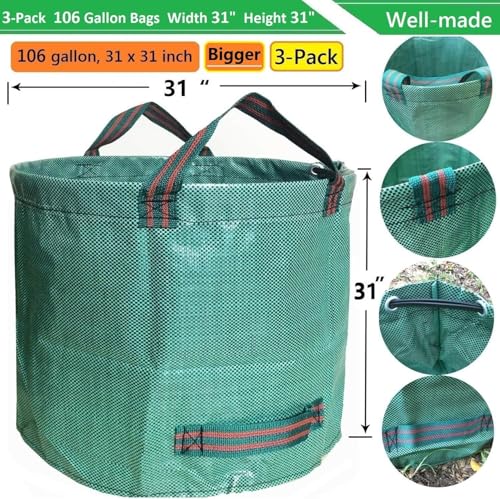 Professional 3-Pack 106 Gallon Large Lawn Garden Bags (D31,H31 inch) Reusable Yard Waste Bags with Gardening Gloves for Big Leaf Bag,Yard Debris,Garden Pruning,Lawn Clippings Bag,Weeds Bag 4 Handles