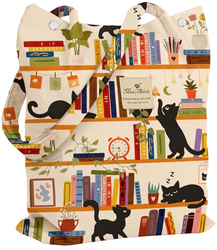 Miss Adola Corduroy Tote Bag for Women with Aesthetic Design | Magnetic Buckle & Pocket, Reusable, Soft, Roomy, Long Shoulder Handles, Double-sided Print, Casual Daily Work, Grocery Bags - color: Wt Bookshelf Black Cat, size: Large