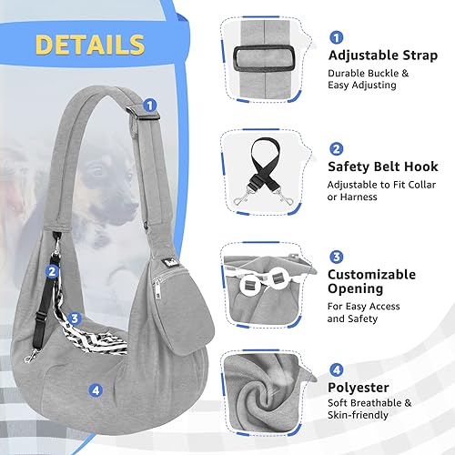 SlowTon Dog Carrier Sling - Thick Padded Shoulder Strap Adjustable, Cloud S | Dog Carriers for Small Dogs, Puppy Carrier Purse for Pet Cat with Front Zipper Pocket Safety Belt Machine Washable - color: D-Light Grey Knitted Fabric