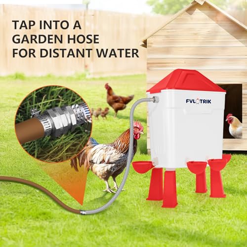 3 Gallon Automatic Chicken Waterer, Hands-Free Hydration | Float-Controlled Chicken Watering System, Stay-Clean Automatic Cups, Fits 3/4'' Faucet & Hose Directly, Standing/Hanging Use