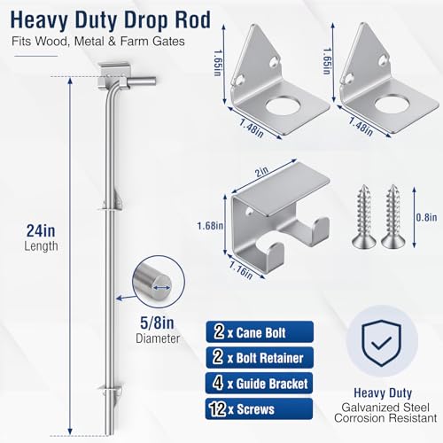2 Pack,24" X 5/8" Cane Bolt Heavy Duty Drop Rod for Gate | Zinc Plating Gate Latch for Wooden Fence Metal Floor Latch Both Vertical and Horizontal