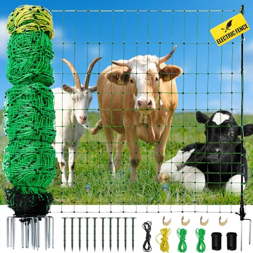 Electric Fence Netting, 164'L x 42.5" H Movable Livestock Nets for Sheep, Hogs, Cattle, PE Net Fencing Kit with 14 Posts Double Spiked, Electric Fencing for Backyards, Homesteaders, Farms Ranches - size: 164'L x 42.5" H