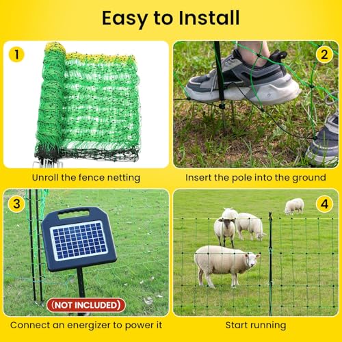 Rintea Electric Fence Netting, 42.6 in H x 164 ft L, Livestock Fence | Portable PE livestock net with 14 double-spike posts for sheep, goats, hogs, cattle and dogs; energizer not included