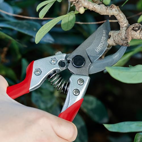 Kimura® 8" Pro Bypass Pruning Shears, Heavy Duty Japanese SK5 Steel Blades, 1 inch Cut Capacity, Non-Slip PVC Coated Handles, Lightweight & Ergonomic, Japanese Pruners, Professional Garden Clippers - size: 8"
