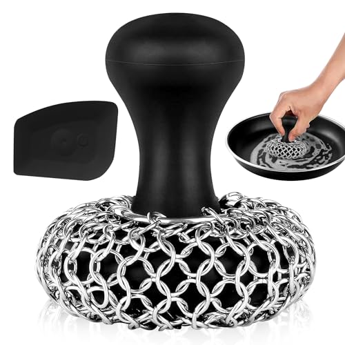 316L Chainmail Scrubber Cleaner Kit - Chain Scrubber with Long Grip Handle | Zylark Chain Mail Scrubber Cast Iron - Cast Iron Skillet Scrubber - Chain Scrubber with Long Handle - style: Black CIS with Scraper (Handle)