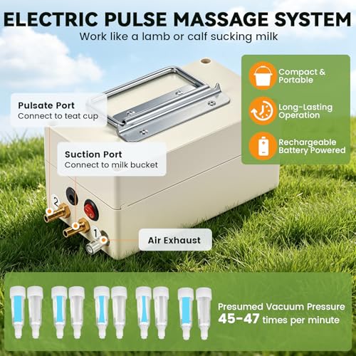 2-in-1 7L Goat Milking Machine, Electric Vacuum Pulsation Milker | Battery Powered Goat Milker with 4 Teat Cups, for Goat & Cow, Auto Stop, SUS304 Stainless Steel Bucket, Food-Grade Material