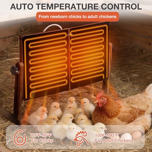 Chicken Coop Heater with Temperature Control, 200W Chick Heater with Adjustable Temp (70-190℉) for Winter, 2 Heating Plates, Foldable Large Size Coop Heater (Brown) - color: Brown