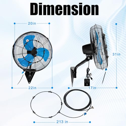 20 Inch Wall Mount Fan with Mist, Powerful Airflow Oscillating Fans | Max 7100CFM Heavy Duty Industrial Wall Mounted Fan with 17.5FT Misting Hose for Garage, Factory, Patio, Greenhouse, Porch