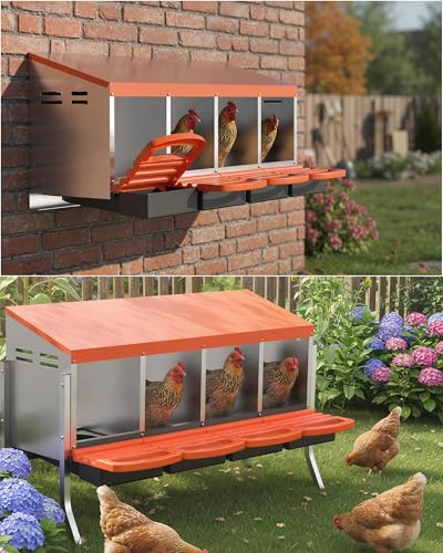 Metal Chicken Nesting Box with Easy-Collect Tray & Lid – 3/4/2x2 Compartment Heavy Duty Roll Away Nesting Boxes for Chickens, Wall Mount or Freestanding, Galvanized Steel Hen Laying Box for Coop
