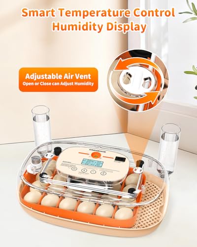 24 Egg Incubator with Automatic Turner Poultry Hatcher | Digital Temp Humidity Monitor, Low Humidity Alarm, External Water Bottles, Built-in Egg Candler for Chicken, Duck&Quail Eggs - color: Orange