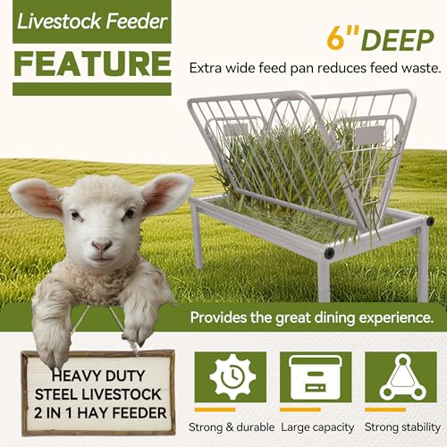Kojem 4 Ft Long Livestock Feeder, Heavy Duty Steel Livestock 2 in 1 Grain & | Hay Feeder, Outdoor Pasture Feeder with Feeding Pan for Goats, Sheep,Ponies, Cow, Horse for Farms, All Weather Feeder