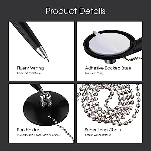 Zonon 6 Pieces Secure Pen with Chain for Counter Desk, Black Ink Holder | Pen with Chains and Adhesive Base for Office Bank Hotel Retail Reception, Desk Ballpoint Pens, Back to School Supplies