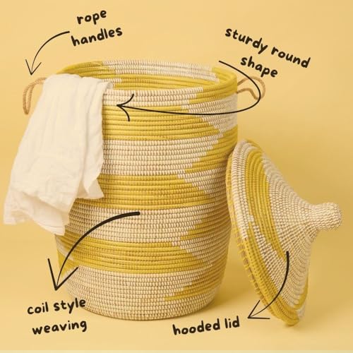 Large Wicker Basket, Yellow and White, 18 Inch Wide, 23 Inch Tall - color: Yellow White