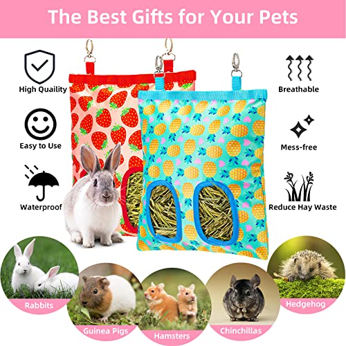 2Packs Large Rabbit Hay Feeder Bag, Upgraded Guinea Pig Hay Feeder with 3 Hooks, Chew Proof Washable Hay Bag for Rabbits Bunny Chinchilla Hamster, Mess Free Grass Holder 2 Holes, 9.8x11.4 Inch - color: Strawberry+Pineapple