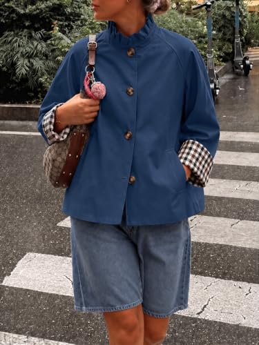 Cicy Bell Womens Ruffle Short Trench Coat Single Breasted Cropped Jackets | Stand Collar, Fall Jackets, Outerwear Coats, Button Down, Plaid Cuffs - color: Navy, size: XX-Large
