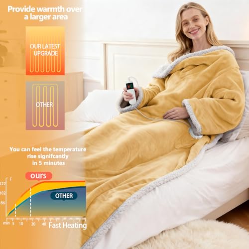 Wearable Heated Blanket With Sleeves & Foot Pocket, Heated Throw Blankets Fast Heating Blanket With 10 Heat Settings Auto Shut Off Over-Heat Protection-Warm Gift, Machine Washable, 52”*72”+18” - color: Khaki