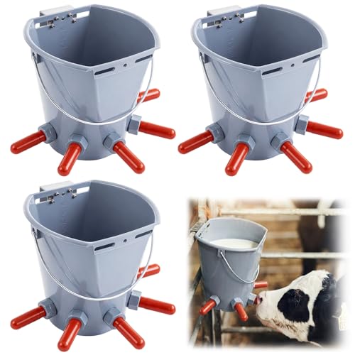 Sawysine 3 Pcs 8.45 Quart Calf Nursing Bucket, Five Teats Feeder with Metal Hanger, Hanging Calf Pail with Nipple Livestock Feeder for Over The Fence, Stall, Barn, Cowshed/Cattle Housing - color: Five Teats