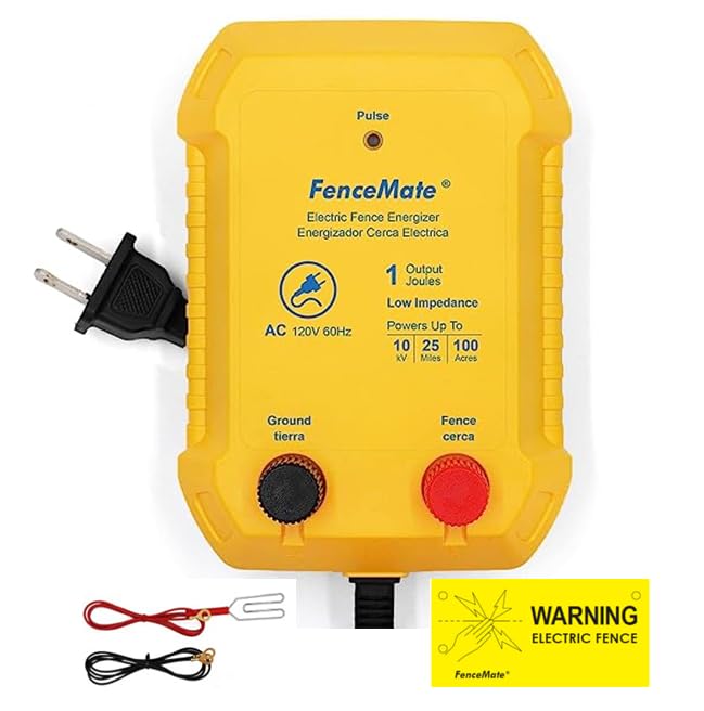 FenceMate AC Powered Electric Fence Charger Output 1J up to 25 Miles | to Contain Livestock, Poultry, Low Impedance Fencer to Protect Homestead, Garden, Pond, Orchard,Fence Energizer Peak 10 kV
