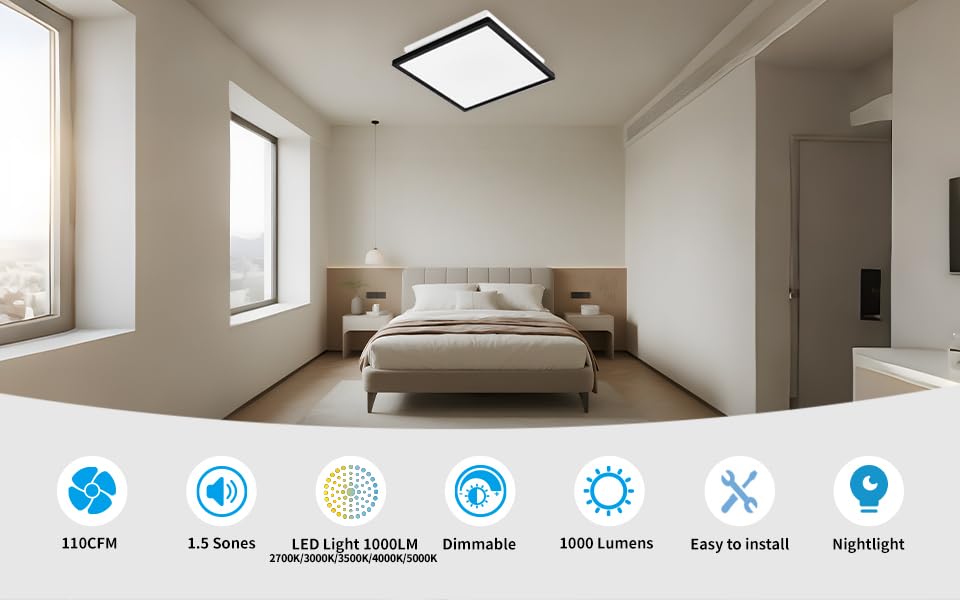 Tech Drive Bathroom Fan with Light,110CFM,4 Inch Duct,Modern Black Trim | 1000lm Dimmable 5CCT LED Light with Night Light Selectable, Quiet HVI and Energy Star Certified, Easy to Install - size: 110CFM with 3CCT Light (Black)