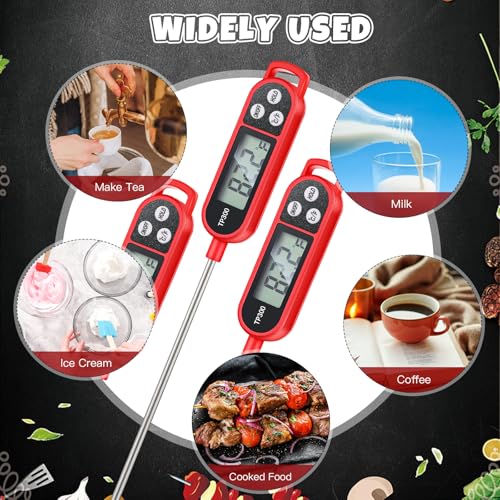 6 Pcs Instant Read Meat Thermometer Long Probe,Red | Probe Waterproof Digital Thermometer, For Cooking BBQ Water Milk Liquids, Quick Accurate Food Temperature - color: Red