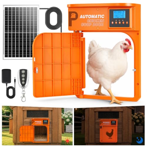 Automatic Chicken Coop Door with Solar Panel | Upgrade Door Opening, Anti-Pinch, Remote Control, Timer & Light Sensor, Weather Proof, 4 Modes, Easy Install - color: Orange