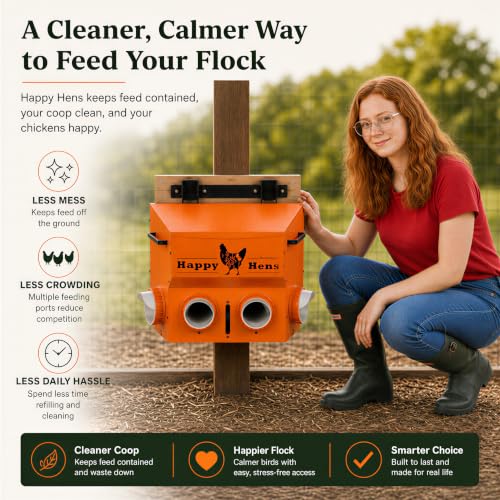 No Waste Chicken Feeder 16-18 Lb Capacity Metal Hanging Feeder Sturdy | Space-Saving Chicken Run Automatic Feeder No Spill - Adjustable Height Bracket 4 Ports, Chicken Coop Accessories Supplies