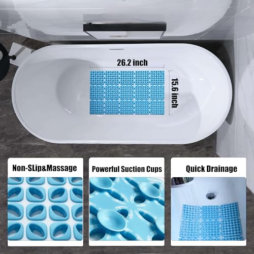 Non Slip Shower Mat for Bathtub with Strong Suction Cups | Quick-Dry Drain holes. Firm Yet Elastic Surface Massages Feet, Boosts flow. Sticks to wall to dry, folds, 26.2"x15.6" Blue - color: Blue, size: 26.2" x 15.6" (Rectangular)