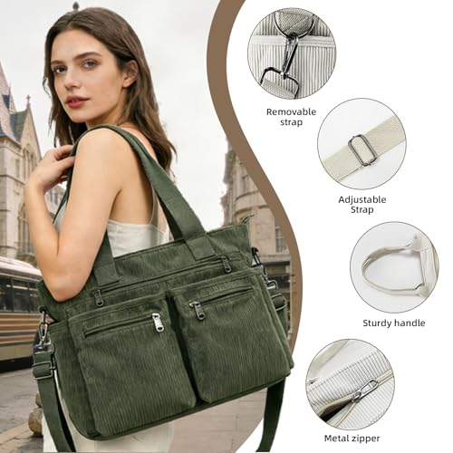 Corduroy Tote Bag for Women with Pockets,Large Crossbody Purse for Laptop,Work,College,Everyday,Travel - color: Khaki