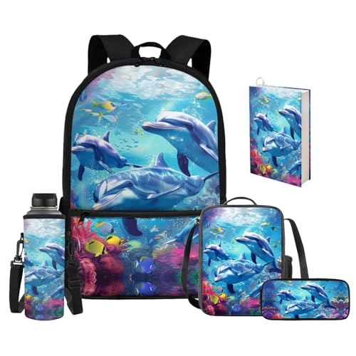 Upetstory Adorable Dolphin Kids Backpack for Girls Boys School Bag Set with Lunch Bag Pen Case Water Bottle Sleeve Elementary Book Bag Kindergarten Primary Middle School Travel Daypack - color: Dolphin