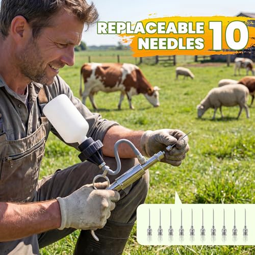 NEWTRY 5ml Livestock Syringe Adjustable Continuous Syringe with 10 Needles | Semi Automatic Syringe Adjustable Poultry Gun Stainless Steel with 10 Needles for Horse Sheep Cattle - size: 5ML