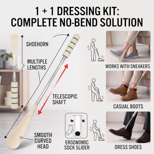 Sock Aid Kit No Bend with Retractable Shoehorn for Seniors Limited Mobility