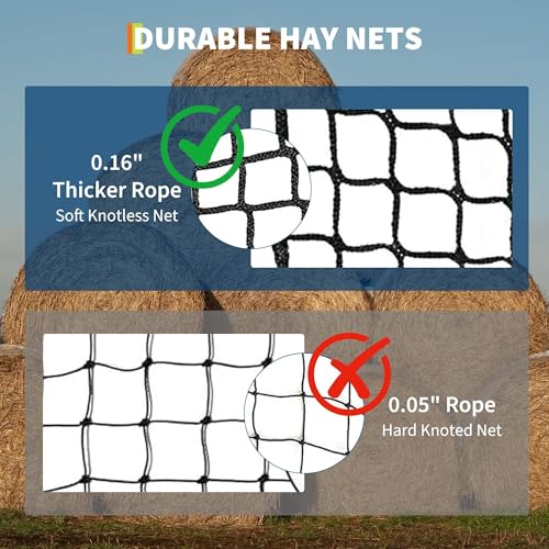 Round Bale Hay Net for Horses and Goats, 6X6 Ft Knotless Design Slow Feed Hay Net with 2'' Holes, Large Heavy Duty Slow Feeder Nets - size: 6x6FT
