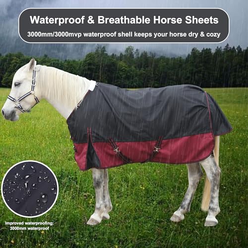 1200D Horse Blanket, 0g No-Fill Waterproof Turnout Rain Sheet | 1200D Ripstop Outer, Waterproof Breathable Shell, Anti-Rub Lining, 0g No-Fill, Keep Dry in Mud & Wet Weather, Large Tail Flap - color: Black Wine, size: 81"