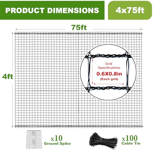 4x75FT Deer Fence Netting for Garden, 55GSM Plastic Mesh Temporary Fence | HDPE Deer Fencing, Reinforced Edge Deer Net, Garden Fence Animal Barrier, Bird Netting for Garden Tree Vegetable Raised Bed - size: 4x75FT