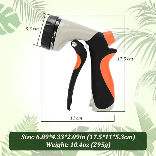 Garden Hose Nozzle, Heavy Duty Metal Water Nozzle with 8 Adjustable Spray Patterns, High Pressure Ergonomic Flow Control for Watering Plants, Lawns, Washing Cars, Pets, Black with Orange