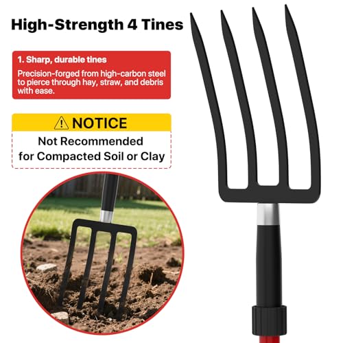 COSITA Pitch Fork for Garden, 44-Inches Pitchfork with Fiberglass Handle, Gardening Spading Fork with 4 Metal Tines, Heavy Duty Pitchfork for Manure, Mulch, Digging, Aeration, Red