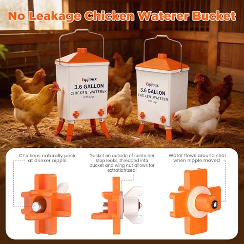 Eggluuz 3.6 Gallons Chicken Waterer Bucket with Water Nipples, Adjustable Legs and Anti-Roost Cone